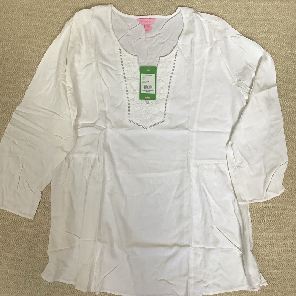 Lilly Pulitzer - NWT White Embroidered V-Neck Peasant Tunic - Picture 3 of 4